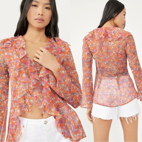 Free People Nina Printed Top Tulips XS Ditsy Floral V Neck Plunge Ruffles Sheer - Picture 3 of 15